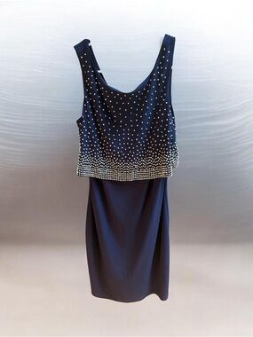 Joseph Ribkoff Navy Blue Rhinestone Embellished Peplum Cocktail Dress Size 4